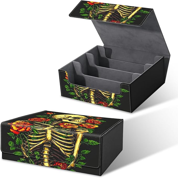 Card Deck Box for MTG, Cards Storage Box Fits 120+ Sleeved, Leather Big Size Strong Magnetic Closing Case for Board Games Magic TCG CCG Baseball Collection Women Man, Skull Red Rose