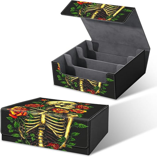 Card Deck Box for MTG, Cards Storage Box Fits 120+ Sleeved, Leather Big Size Strong Magnetic Closing Case for Board Games Magic TCG CCG Baseball Collection Women Man, Skull Red Rose