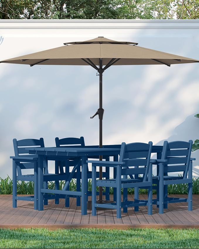 PLUUV 66" Outdoor Dining Table, All-Weather HDPE Rectangular Patio Table with 2” Umbrella Hole, Weatherproof, Navy Blue