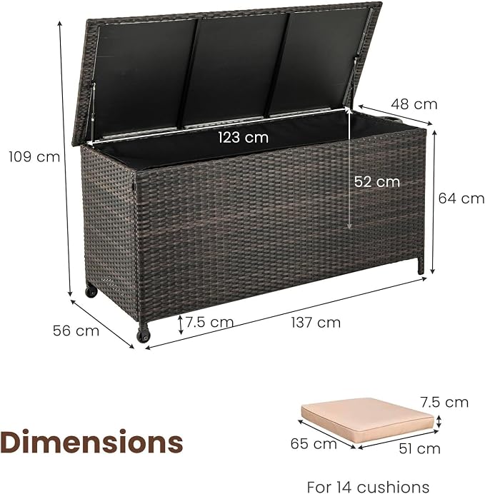 TANGZON 320L Garden Deck Box, Patio Cabinet Container with Polyester Liner, Universal Wheels & Gas Strut, Indoor Outdoor Storage Box for Pillows, Cushions & Tools (with Regularly-Woven Rattan, Brown)