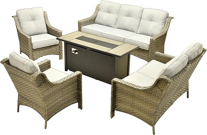 Outdoor Patio Furniture Sets, 5 PCS Patio Conversation Set Outside Rattan Sofa with 54 in Fire Pit Table Comfy Cushions Fit Backyard Porch Garden Poolside Balcony,Light Grey