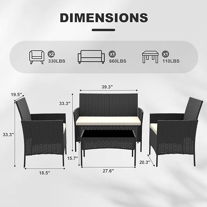 4 Pieces Outdoor Patio Furniture Sets,Wicker Rattan Conversation Sets, Bistro Patio Set with 2 Chairs,Soft Cushion,Loveseat and 1 Glass Coffee Table for Backyard Porch Garden Poolside Balcony,Black
