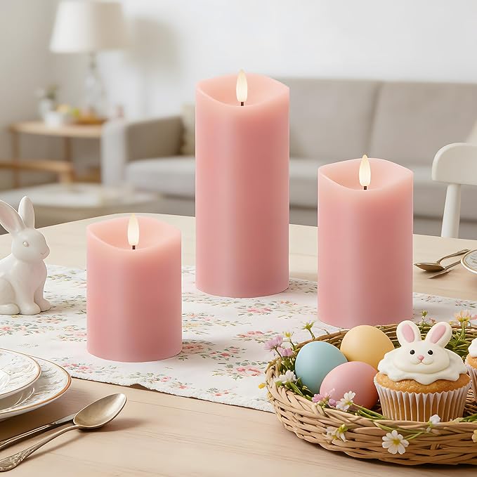 Pink Flameless Candles with Remote and Timer, Real Wax Made LED Pillar Candles Battery Operated with 3D Flickering Flame Melted Edge, 3" x 4",5",6", Set of 3 (Pastel Pink)