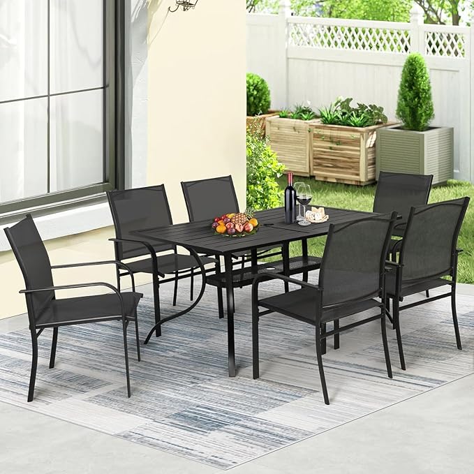 Incbruce 7 Pieces Outdoor Dining Set, Patio Metal Dining Set of 6 Textilene Chairs and Rectangle Table with Umbrella Hole for Lawn, Garden, Porch and Backyard (Black)
