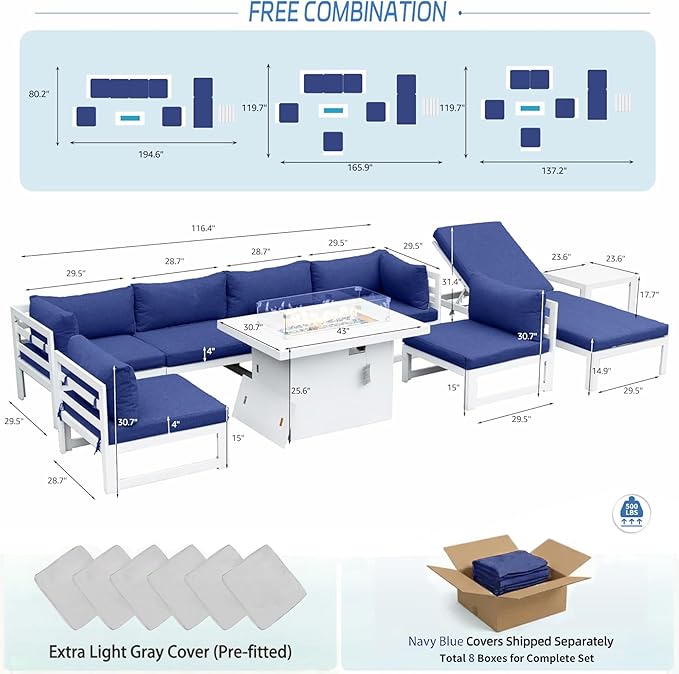 NICESOUL 9 Pcs Aluminum Patio Sectional Furniture Set with Chaise & Fire Pit Table, 500 lbs Heavy Duty Anti-Rust Outdoor Couch, 29" Deep Wide Seat, High End Conversation Sofa for Poolside, Navy Blue