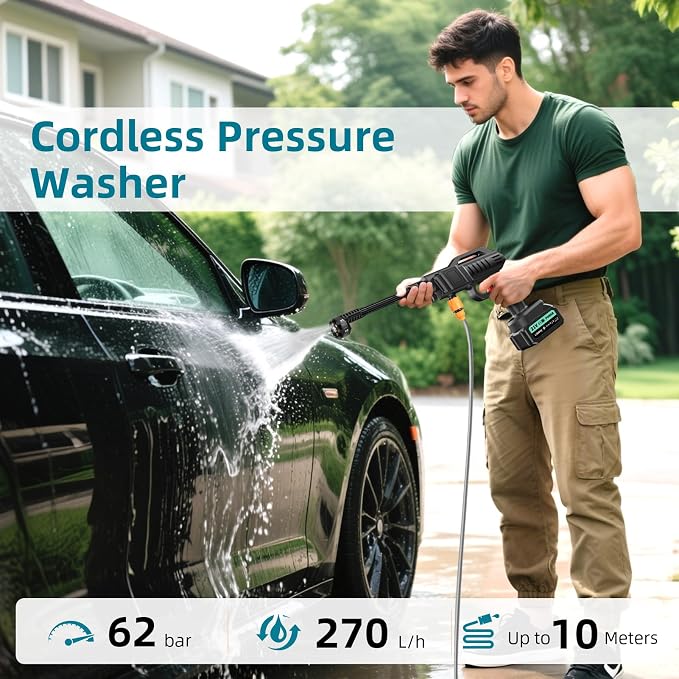 Cordless Portable Washer, 1450 PSI Portable Battery Power Washer, Cordless Portable Jet Washer with 6-in-1 Adjustable Nozzle, 2×3.0Ah Batteries, Charger, 5m Hose for Vehicle, Driveway Deck