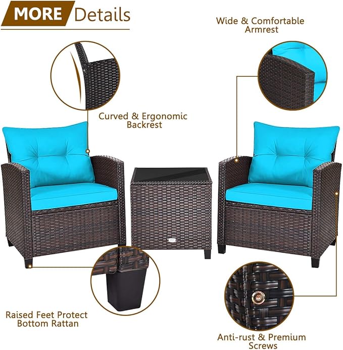 Modern Turquoise 3-Piece Wicker Patio Furniture Set with Water-Resistant Cushions & Tempered Glass Table