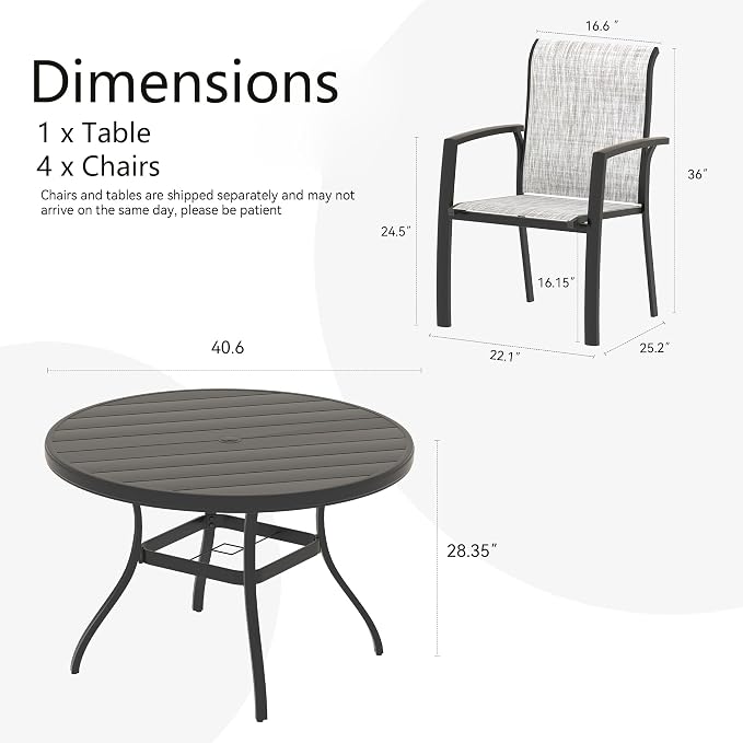 LUMISOL 5-Piece Outdoor Patio Dining Set, Patio Furniture Set with 4 Patio Stackable Dining Chairs and 40.6” Outdoor Metal Round Table, Black+Grey