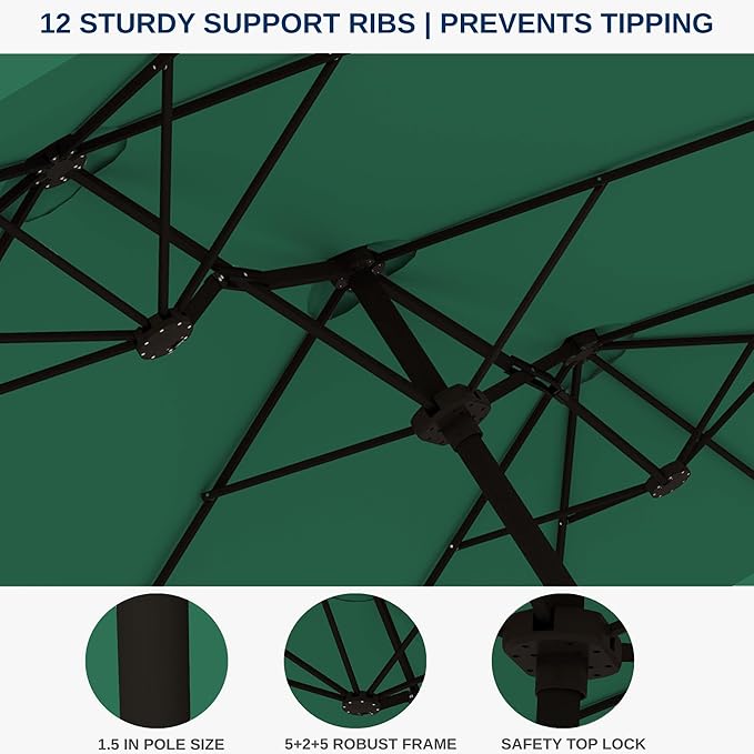 15FT Large Patio Umbrella with Base, Double Sided Rectangular Outdoor Umbrella with Sturdy Fiberglass Ribs, UPF 50+ Sun Protection, Wind-Resistant, Waterproof Fade-Resistant Fabric for Pool, Garden, Backyard, Deck(Dark Green)