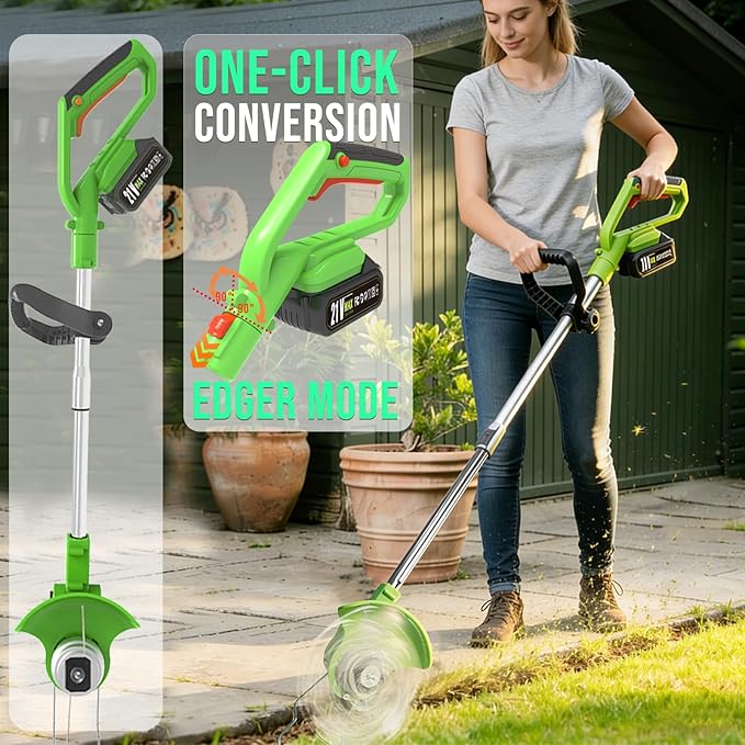 Electric Weed Wacker Cordless, 21V Battery Powered Weed Eater with 2X 2.0Ah Battery Operated and Charger, Lightweight 3 in 1 Weed Trimmer Lawn Edger Brush Cutter, Stringless Weedwacker for Garden Yard
