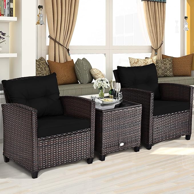 COSTWAY 3PCS Patio Furniture Set, PE Rattan Wicker Sofa w/Washable Cushion and Coffee Table, Tempered Glass Tabletop, Outdoor Conversation Set for Balcony, Porch, Yard, Backyard, Lawn, Black