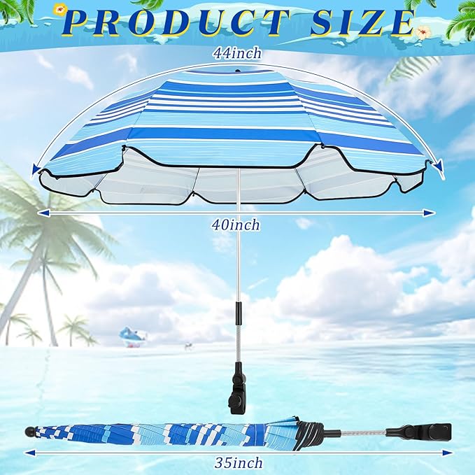 Buryeah 2 Pcs Beach Chair Umbrella Automatic with Universal Adjustable Clamp 44" UPF 50+ Portable Clamp on Beach Chair for Wheelchair Patio Golf Carts Camping