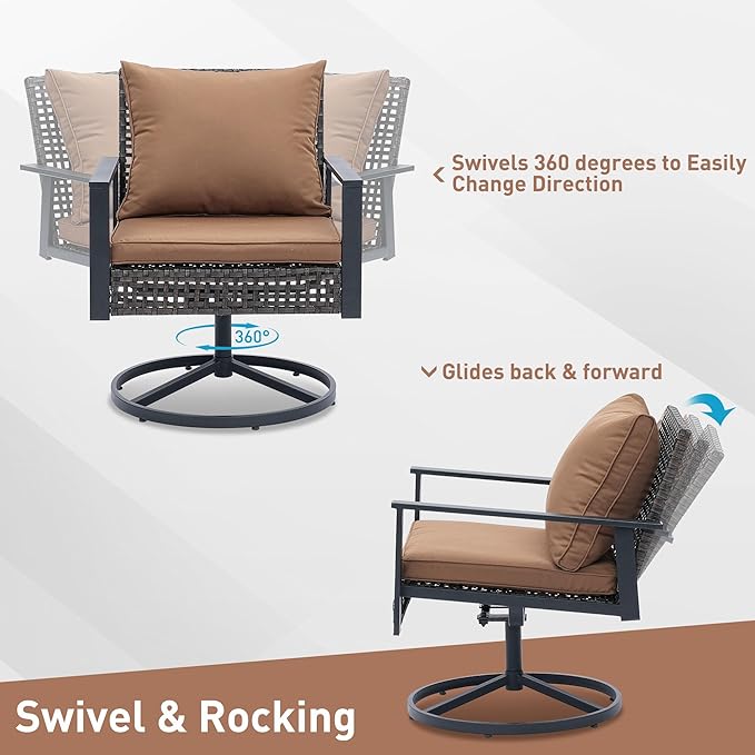 Ainfox Patio Furniture Set 4 Pieces, Patio Wicker Rattan Swivel Rocker, Outdoor Swivel Rocking Chairs Set with Loveseat, Garden Conversation Bistro Sets for Porch, Pool, Backyard Brown