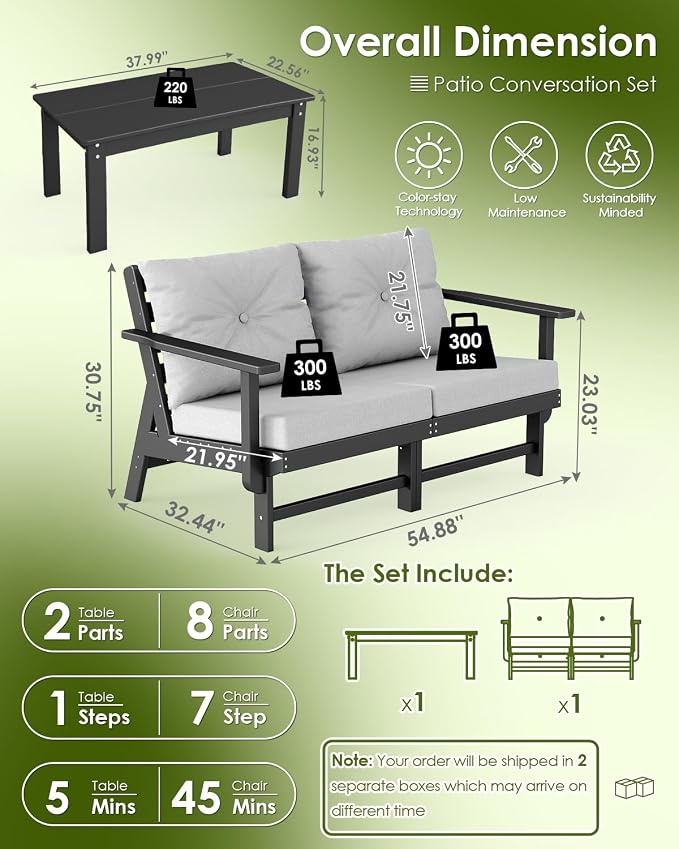 GREENVINES 3-Piece-Patio-Furniture-Set | HDPE Plastic | Outdoor Sectional Conversation Sets | All-Weather Couch | Sofa with Coffee Table | Detachable Armrests | for Deck Lawn | Black