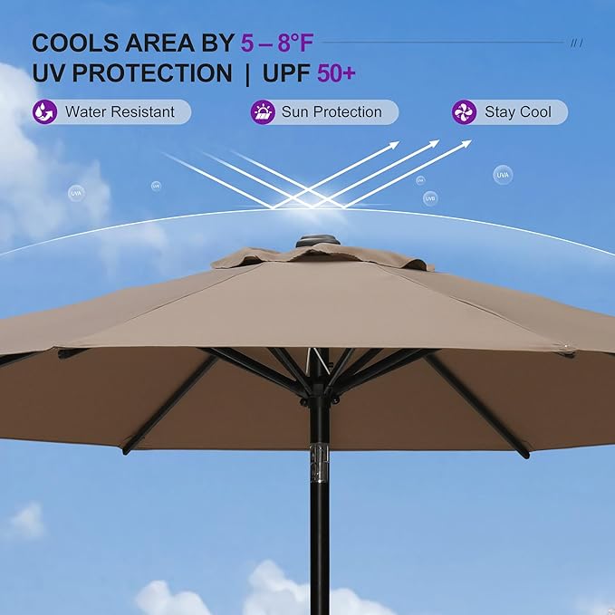 PURPLE LEAF 10' Round Patio Umbrella Outdoor Table Umbrella Aluminum Frame Market Umbrella with 8 Sturdy Ribs & Tilt for Garden Deck Lawn Pool Taupe