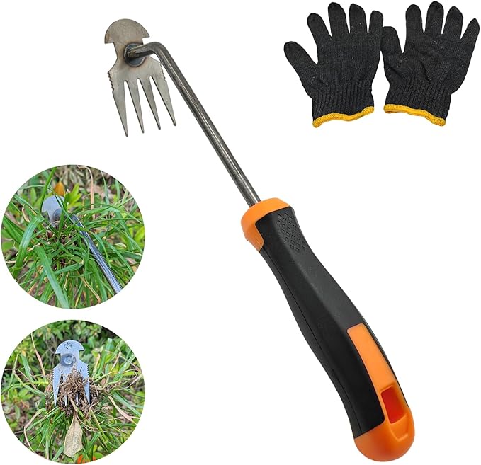 XIAONAN Weed Tool,Garden Weeder Puller Tool with Handle Manual Hand Weeder Tool 4 Teeth Dual Purpose Weeder High Strength Garden Weed Removal Tool for Garden Yard Farm (Rubber Handle)