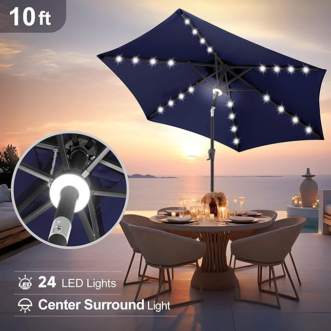 FLAME&SHADE 10ft Solar Outdoor Umbrella - 24 LED Lighted Patio Umbrella with Centre Surround Light, Table Umbrellas with Tilt & Crank for Pool, Porch, Garden, Deck, Backyard UV Protection (Navy Blue)