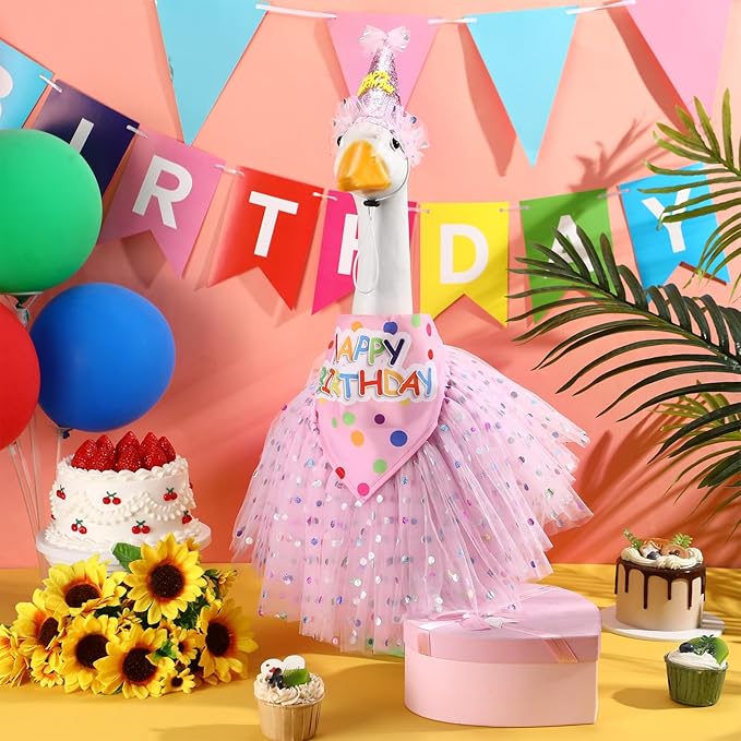 3 Pcs Porch Goose Birthday Outfit Girl Cement Goose Clothes,Pink | 23 Inch Porch Goose Outfits Happy Birthday, Porch Goose Outfits Princess, Happy Birthday Hat and Tutu Skirt Bandana