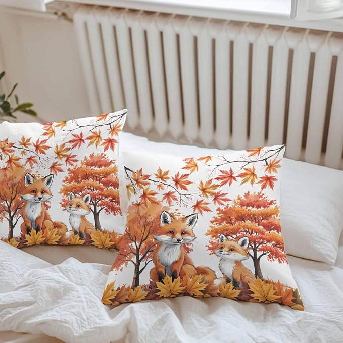 Orange Fox Outdoor Waterproof Pillow Covers, Thanksgiving Maple Leaves Autumn Trees Decorative Square Throw Pillowcase Sofa Cushion Sham for Patio/Couch/Chair, 26"x26" 2 Pack