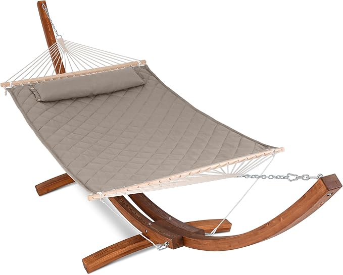 ANOW 13.5FT Curved Wooden Stand with Quilted Hammock, Heavy Duty Larch Wood Arc Stand with 2 Chains, 4 Balance Ropes and 4 Carabiners, Includes Light Brown Hammock with Spreader Bars