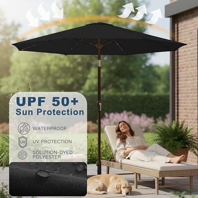 9' Solar LED Patio Umbrella with Tilt & Crank|8 Sturdy Ribs,UV Protection,Outdoor Market Table Umbrella for Deck,Lawn,Pool,Backyard(Black)