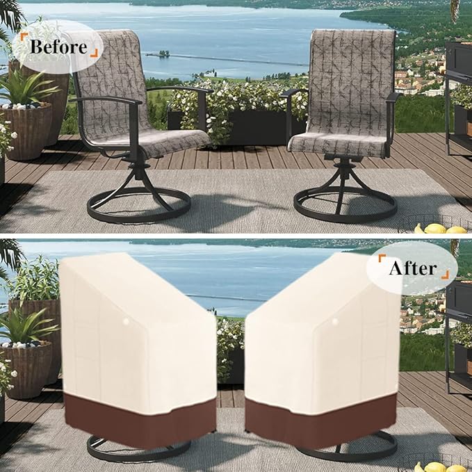 Tuyeho Patio Stackable Chair Cover 2 Pack, 36 x 28 x 47 inch, 900D Heavy Duty Outdoor High Back Cover, Waterproof & Weather Resistant for Your Stackable Dining Chair (Beige & Brown)