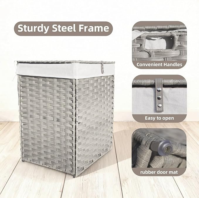 Outdoor Wicker Laundry Hamper with Lid,90L Foldable Laundry Basket with Removable,Machine Washable 2-Section Liner and Handles,Handwoven Gray Rattan Hamper for Organization and Storage