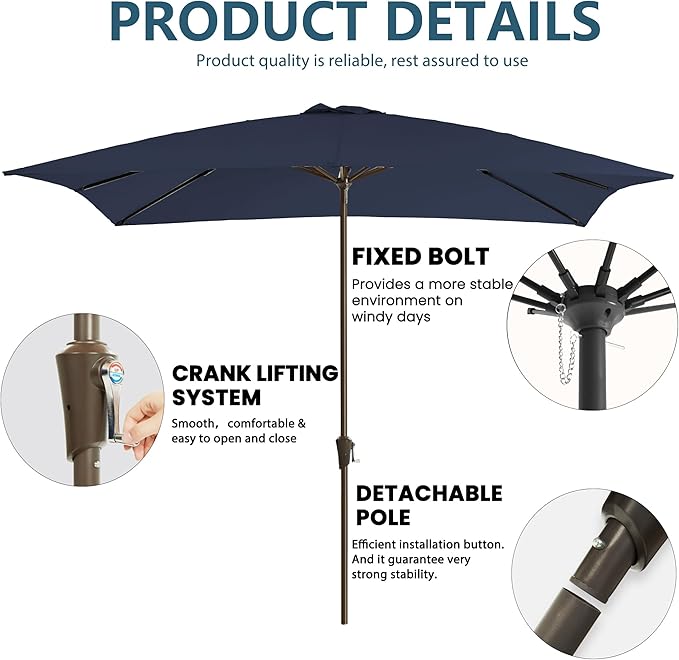 8x10FT Rectangular Patio Umbrella with Crank Lift for Garden,UV Protection Outdoor Umbrella for Deck,Pool and Yard,Navy