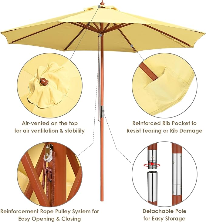 Yescom 9ft Coastal Solid Wood Umbrella Pulley Lift Commercial Base with Wheel Included for Seaside Restaurant Terrace Poolside Beach Club