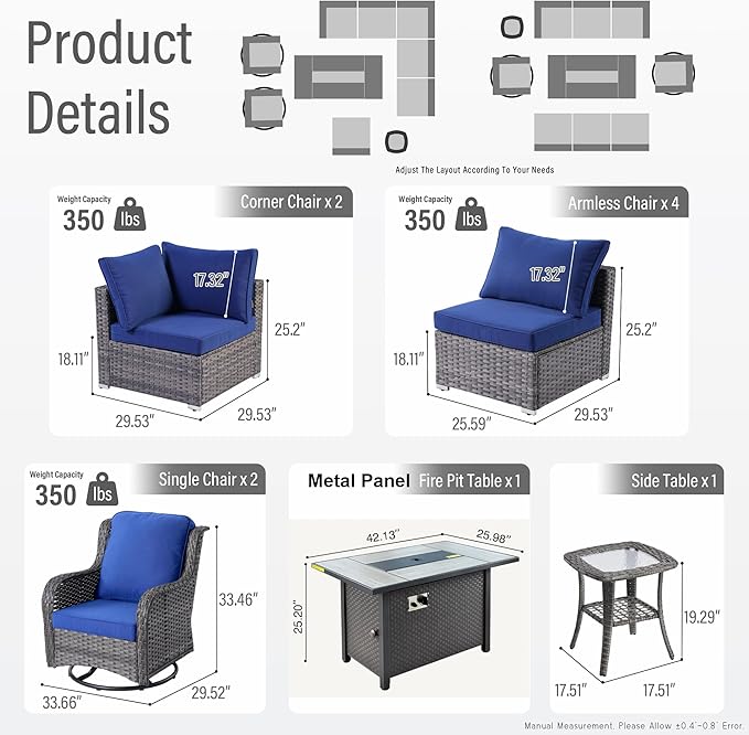 HOOOWOOO Outdoor Patio Furniture Set with Fire Pit 10 Pieces Patio Set with Fire Pit Wicker Outdoor Furniture with Fire Pit Table Set Patio Conversation Set with Swivel Chairs,Navy Blue