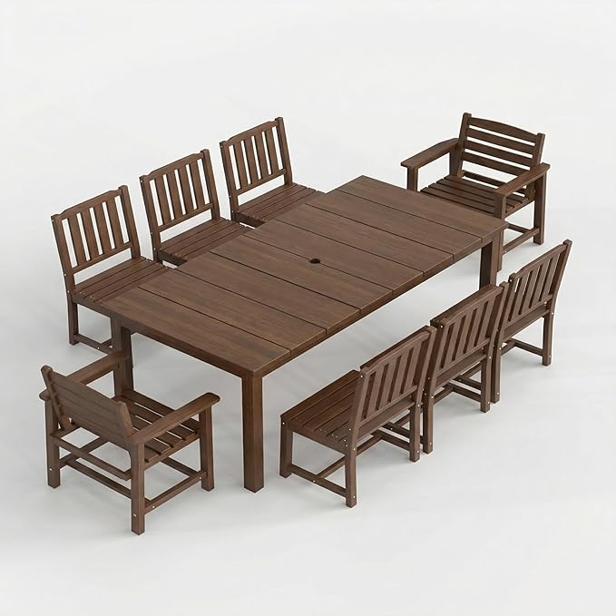 9-Piece Outdoor Dining Set for 8, 75.2" HDPE Table with Umbrella Hole & 8 Chairs, All-Weather Patio Furniture for Lawn, Yard, Deck, or Poolside, Fade & Crack Resistant (Brown)