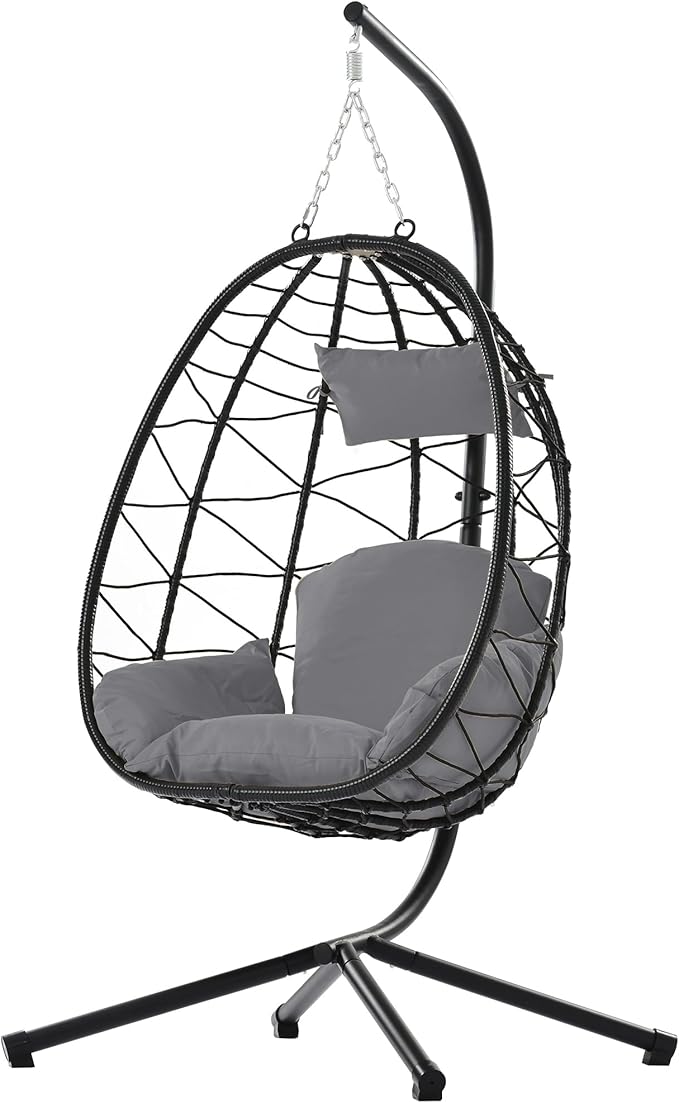 Hanging Egg Chair with Stand, Comfy Indoor/Outdoor Rattan Swing Hammock Chairs, 350lbs Capacity for Patio, Bedroom, Garden (Gray)
