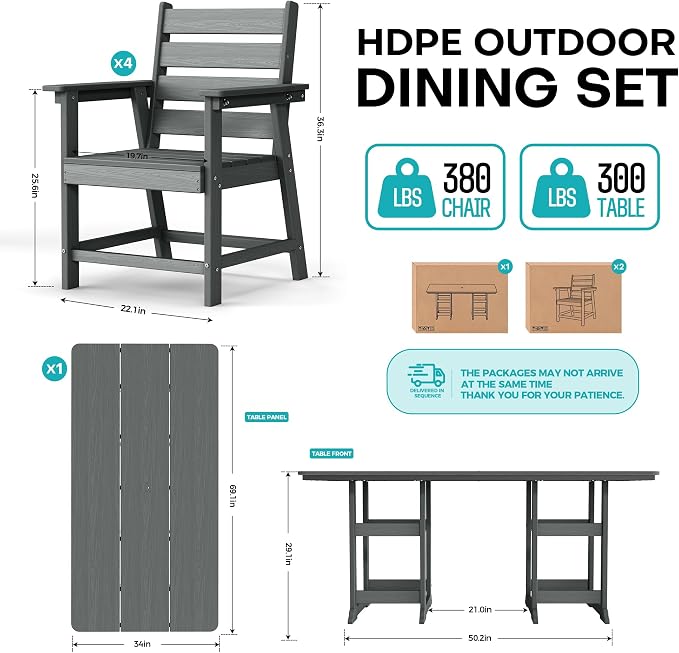 7-Piece Dining Set, HDPE Table & 6 Chairs, Grey | HDPE Dining Set: 69.1" Table + 6 Chairs, 380 lbs, 304 Stainless, All-Weather, No Rust No Crack, Outdoor Patio Garden