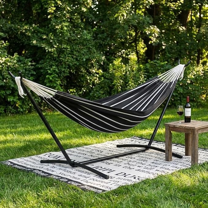 GAOMON Double Hammock with Stand, 450 lb Capacity, Adjustable Portable Hammock Chair with Sturdy Steel Frame, Thick Rope and Carrying Bag Suitable for Backyard, Camping or Outdoor