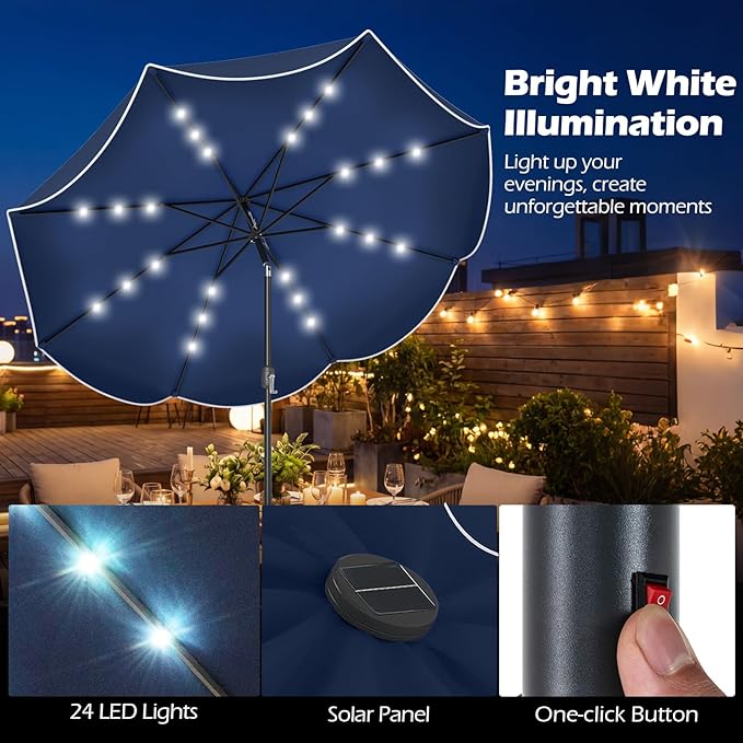 Tangkula 9 FT Solar Patio Umbrella, 2-Tiers Outdoor Scalloped Table Umbrella with 24 LED Lights, Tilt Adjustment, Crank, 8 Ribs for Market Backyard Pool Deck Beach Lawn