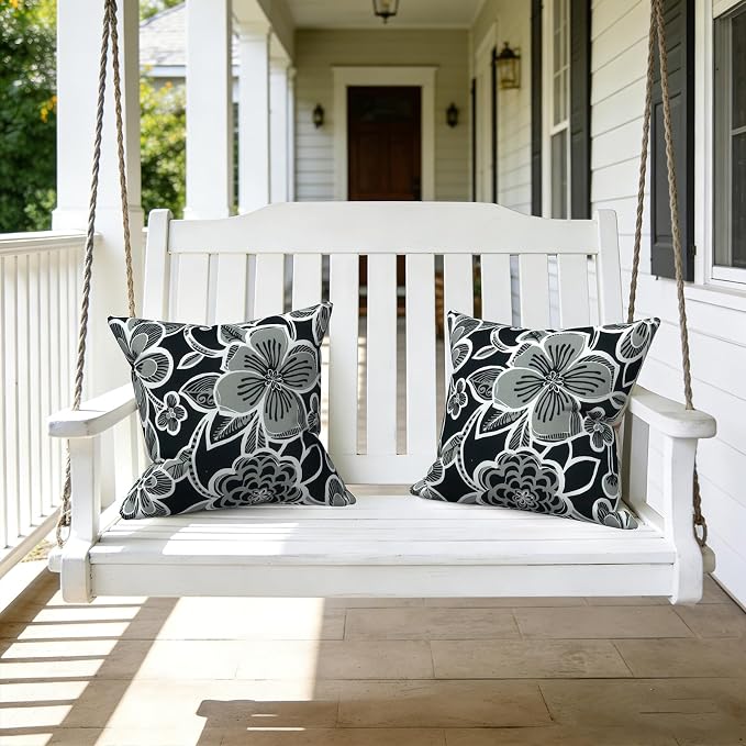 LVTXIII Outdoor Throw Pillows, Decorative Throw Pillows with Inserts, 16"x16" Square Pillows for Bed, Couch, Sofa and Patio Furniture, Set of 2, Flower Black