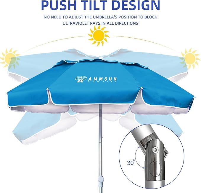 AMMSUN 6ft Folded Portable Travel Beach Umbrella with Sand Anchor Tilt Air vent UPF 50+UV Protection Fit In Suitcase Compact Foldable Telescopic umbrellas for Patio Garden Beach Pool Sky Blue
