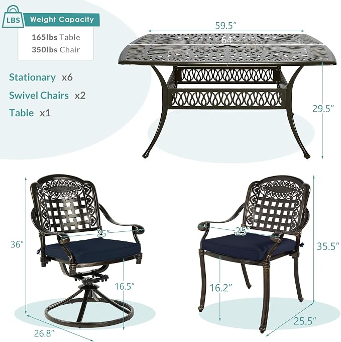 MEETWARM 9-Piece Outdoor Patio Dining Set for 8, All Weather Cast Aluminum Patio Funiture Table and Chairs Set- Large 64" Square Table and 2 Swivel Rocker Chairs, 6 Stationary for Garden, Navy Blue