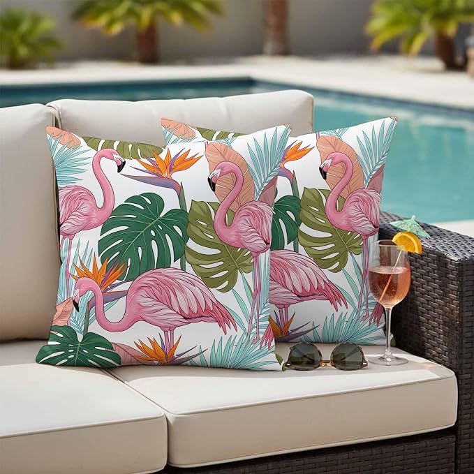 Pink Flamingos Outdoor Pillow Covers 26"x26" Set of 2, Watercolor Monstera Leaf Green Tropical Plant Waterproof Throw Pillow Covers for Patio Furniture, Decorative Cushion Covers for Porch