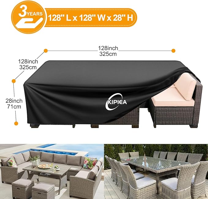 Kipiea Patio Furniture Covers Waterproof Winter, Heavy-Duty Outdoor Furniture Set Covers for Table Chairs, Anti-UV, No Tears or Fading (128" L x 128" W x 28" H)