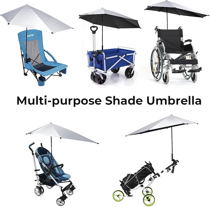 Prospo Adjustable Beach Umbrella with Universal Clamp, Portable UPF 50+ UV Protection Umbrella for Chair, Wheelchair, Golf Cart, Stroller, Bleacher, Patio
