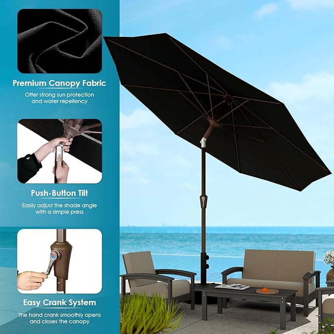 GREENVINES 9-FT-Patio-Umbrella | Outdoor-Table-Umbrellas | 8 Sturdy Fiberglass Ribs | Push Button Tilt & Crank | Waterproof | Market Umbrella | for Pool Backyard Garden Deck | Black