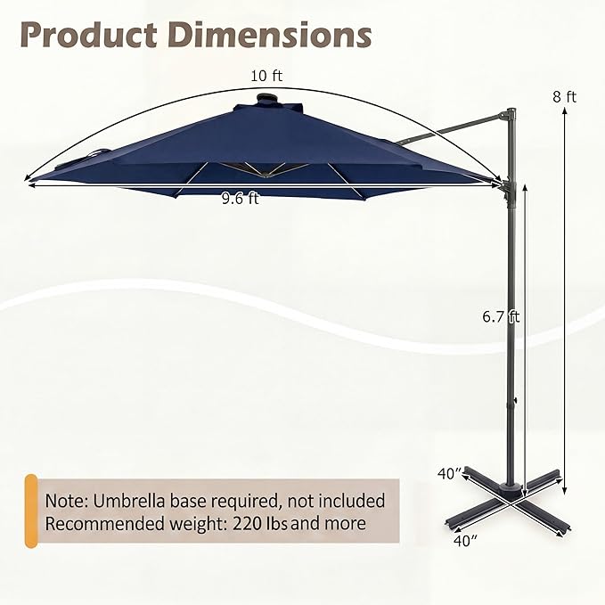 HAPPYGRILL 10 FT Patio Umbrella with Solar Lights, Outdoor Offset Cantilever Umbrella with White LED Lights, 360 Degree Rotation, Air Vent for Pool Deck Garden Backyard