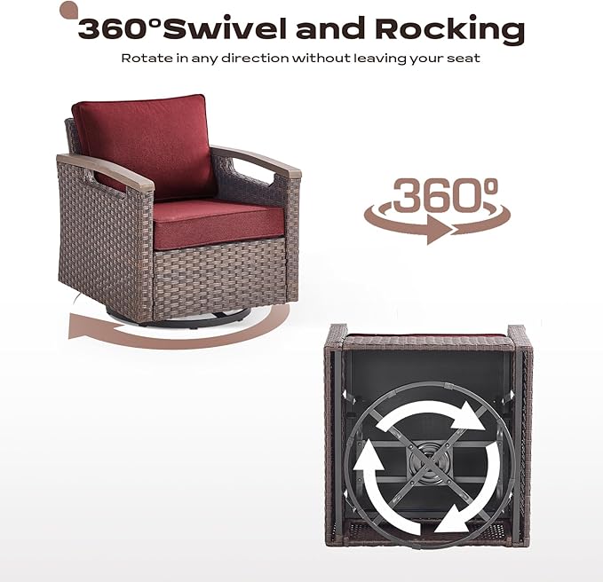 Rilyson 6 Piece Outdoor Patio Swivel Rocking Chairs, All Weather Wicker, Metal Armrest, Deep Seating, Thick Cushions, Side Table, Ideal for Deck Porch Backyard, Brown/Red