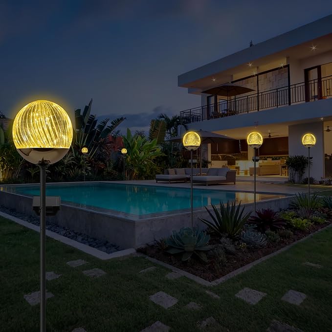 Solar Globe Stake Lights - Outdoor Acrylic Ball Garden Lights with 20 LED, IP44 Waterproof, Auto On/Off, Metal Stake with h-Shaped Ground Spike for Yard, Pathway, Patio Decor (Black stake , 2 pack)