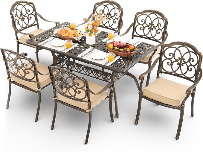 7 Piece Outdoor Dining Set Cast Aluminum, Retro Patio Dining Set for 6 Includes 59” Rectangular Table with Thicker Cushions and Umbrella Hole for Patio Deck Garden Porch