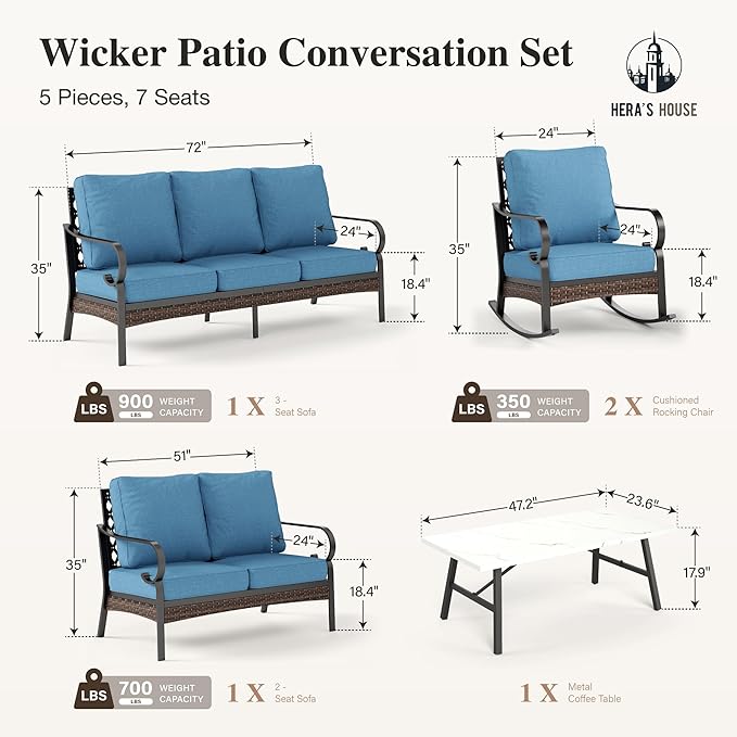 HERA'S HOUSE 5 Piece Metal Patio Furniture Set, 7 Seats All Weather Outdoor Conversation Set, 3 Seat Sofa with Loveseat, 2 Rocking Chairs, Coffee Table for Backyard, Garden, Deck, Navy Blue