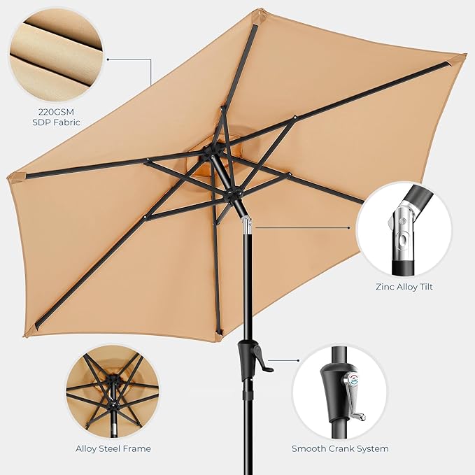 HOMSHADE 7.5ft Outdoor Patio Umbrella - Market Table Pool Deck Umbrella UPF50+ UV Protection with Push Button Tilt, Crank and 6 Sturdy Ribs (Beige, No base)
