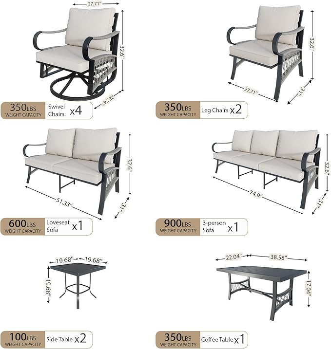11 Pieces Patio Furniture Set, Metal Outdoor Conversation Sets with Swivel Chairs, Modern Couch Sofa Seating Group with Coffee Table and Side Table (Thick Beige Cushions)