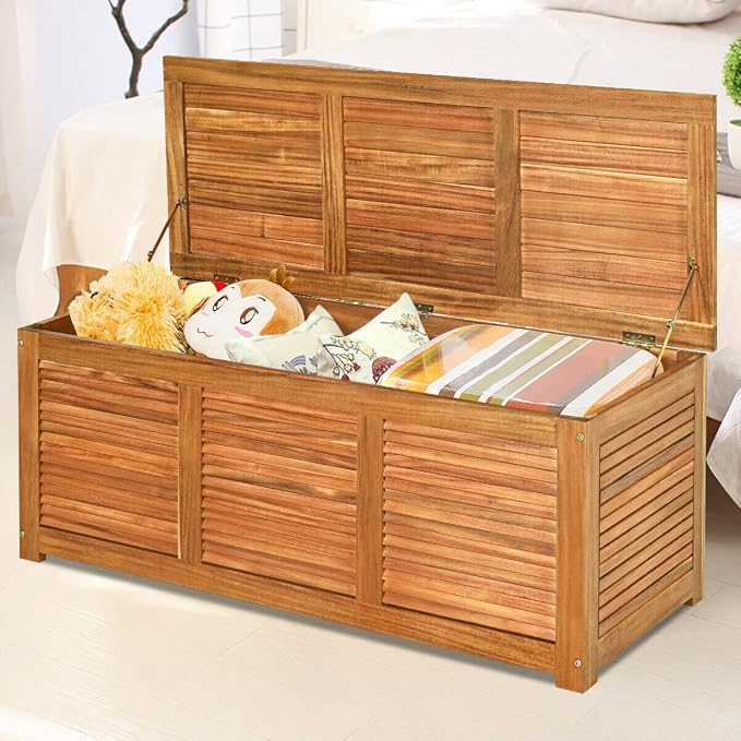 Outside Storage Deck Box Waterproof, 47 Gallon Wood Storage Bench Deck, Outdoor Patio Pool Garden Toy Slats Organization Tools with 2-3 Seating